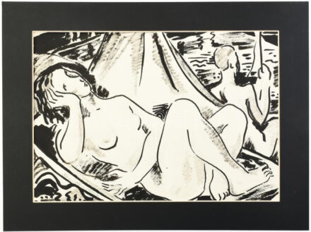 Kliené Róna Klára (1901-1987): Női akt a Balaton partján. Tus, ceruza, papír, jelzett, paszpartuban. 29,5×42,5 cm. / pencil and ink on paper, signed, in passepartout