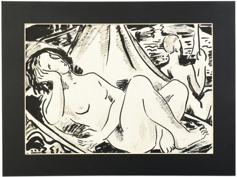 Kliené Róna Klára (1901-1987): Női akt a Balaton partján. Tus, ceruza, papír, jelzett, paszpartuban. 29,5×42,5 cm. / pencil and ink on paper, signed, in passepartout