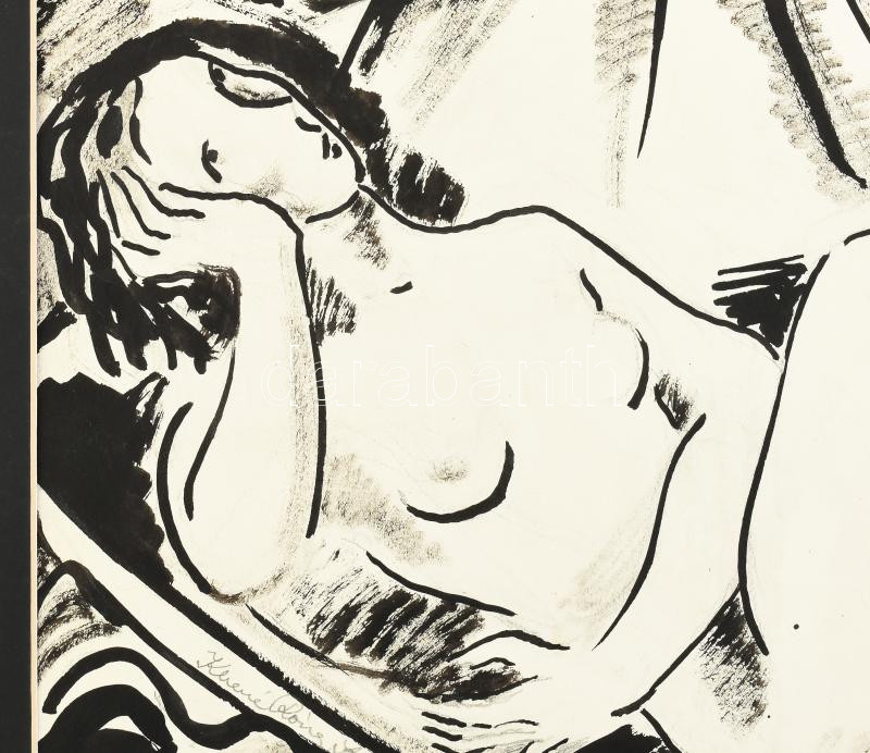 Kliené Róna Klára (1901-1987): Női akt a Balaton partján. Tus, ceruza, papír, jelzett, paszpartuban. 29,5×42,5 cm. / pencil and ink on paper, signed, in passepartout - Image 2
