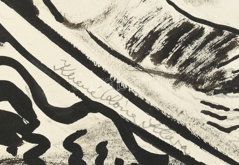 Kliené Róna Klára (1901-1987): Női akt a Balaton partján. Tus, ceruza, papír, jelzett, paszpartuban. 29,5×42,5 cm. / pencil and ink on paper, signed, in passepartout - Image 3