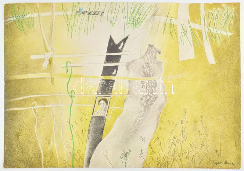 Kopacz Mária (1941-): Kilátás a régi kertre (cím nélkül). Ceruza, papír, jelezve jobbra lent. 45x64 cm.
