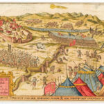 cca 1602-1620 Tergovistye 1595. évi ostroma, színezett rézmetszet, papír, Hieronymus Ortelius 'Chronologia oder historische Beschreibung' című munkájából, , 265x165 mm Paszpartuban // cca 1602-1620 The 1595 siege of Târgoviste, copper