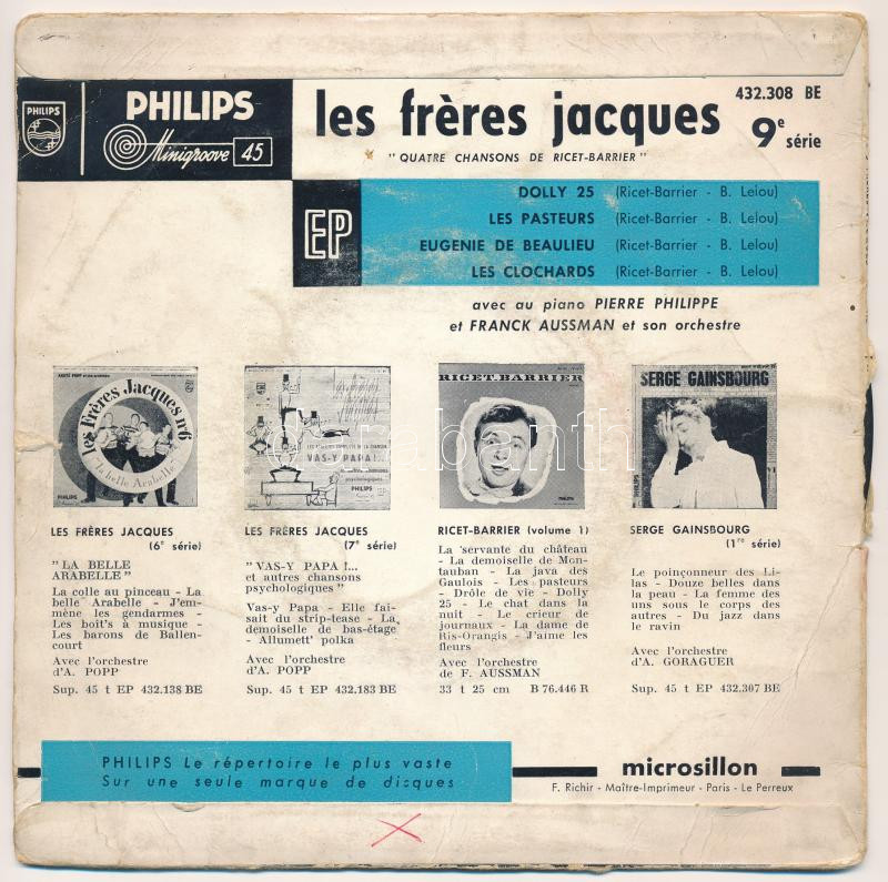 Les Freres Jacques - 9 'Quatre Chansons De Ricet-Barrier'. Vinyl, 7', EP, 45 RPM. Philips, Franciaország, 1958. - Image 2