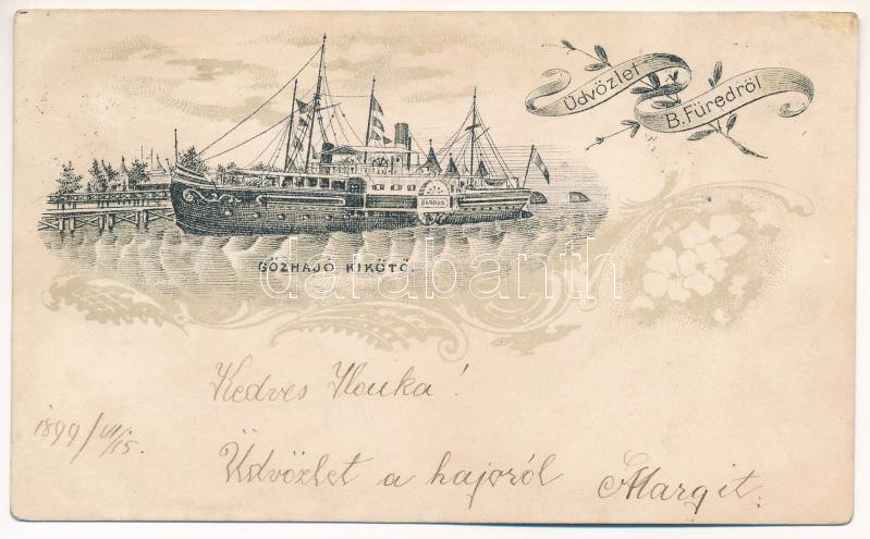 1899 (Vorläufer) Balatonfüred, gőzhajó kikötő, 'BAROSS' gőzös. Art Nouveau, floral, litho (r)