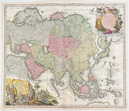Asia cum omnibus imperiis provinciis... Seutter, George Matthaeus (1678 - 1757), cca 1740. színezett rézmetszetű térkép. minimális folttal és apró beszakadással / Colored copper plate map of Portugal and Spain with minor tear and stain.