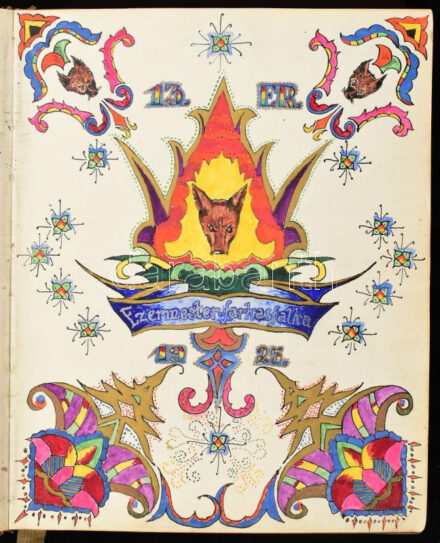 1930-1937 'Ezermesterfarkasfalka' budapesti cserkészcsapat díszes, rajzokkal, fényképekkel illusztrált naplója. Korabeli félbőr-kötésben, kopott borítóval, kissé sérült gerinccel.