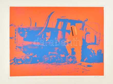 Bukta Imre (1952-): Mezőgazdasági gép háziasítása, 1979. Szitanyomat, papír, jelzett. Hátoldalán címmel és évszámmal feliratozott. 39×51 cm. Lapszéli kisebb szakadással. Az árverésünkön szereplő szitanyomatnak létezik egy