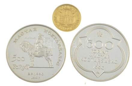 1990. 500Ft Ag 'Mátyás király / Beatrix' + 500Ft Ag 'Mátyás király - Buda' + 5000Ft Au 'Mátyás király' (7,01g/0.986) tanúsítvánnyal, dísztokban T:PP / Hungary 1990. 500 Forint Ag 'King Matthias / Beatrix' + 500 Forint Ag 'King Matthias