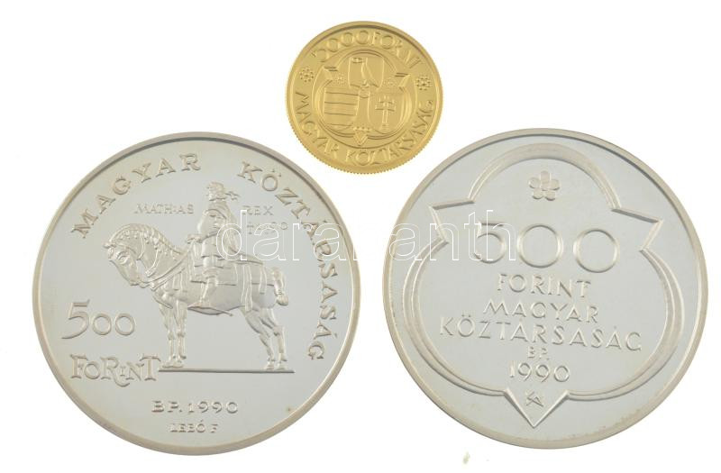 1990. 500Ft Ag 'Mátyás király / Beatrix' + 500Ft Ag 'Mátyás király - Buda' + 5000Ft Au 'Mátyás király' (7,01g/0.986) tanúsítvánnyal, dísztokban T:PP / Hungary 1990. 500 Forint Ag 'King Matthias / Beatrix' + 500 Forint Ag 'King Matthias