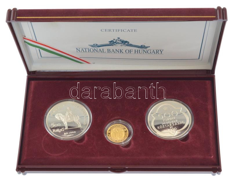 1990. 500Ft Ag 'Mátyás király / Beatrix' + 500Ft Ag 'Mátyás király - Buda' + 5000Ft Au 'Mátyás király' (7,01g/0.986) tanúsítvánnyal, dísztokban T:PP / Hungary 1990. 500 Forint Ag 'King Matthias / Beatrix' + 500 Forint Ag 'King Matthias - Image 3