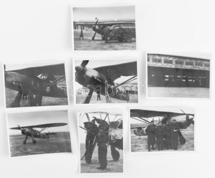 1940 A 'Kör Ász' repülő vadászszázad Fw56 Stösser iskola vadászgépe a mátyásföldi repülőtéren karbantartás, tankolás közben, pilótákkal, 7 db közeli fotó, hátoldalt feliratozva a pilóták nevével is, szép állapotban, 6×9
