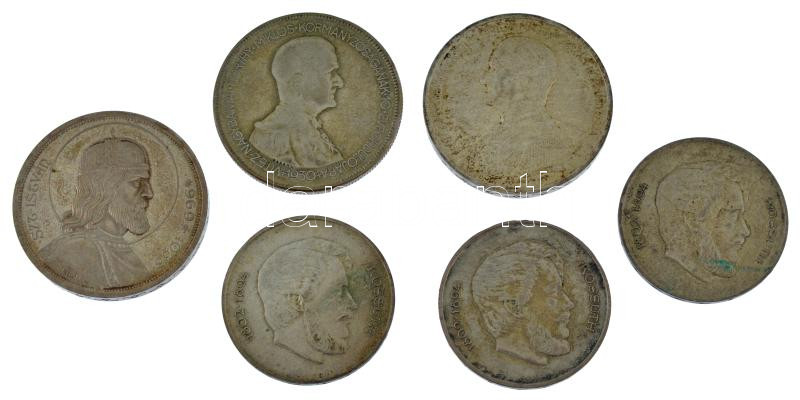 1930. 5P Ag 'Horthy jobbra' + 1938. 5P Ag 'Szent István' + 1939. 5P Ag 'Horthy balra' + 1947. 5Ft Ag 'Kossuth' (3x) T:AU-F patina Adamo P8, P8.1, P8.2, F8.1
