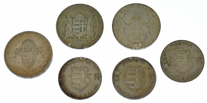 1930. 5P Ag 'Horthy jobbra' + 1938. 5P Ag 'Szent István' + 1939. 5P Ag 'Horthy balra' + 1947. 5Ft Ag 'Kossuth' (3x) T:AU-F patina Adamo P8, P8.1, P8.2, F8.1 - Image 2
