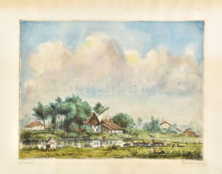 Boldizsár István (1897-1984): Delelés. Színezett rézkarc, papír, jelzett, kissé foltos, hullámos lappal, 29x38 cm, lap: 42x59 cm