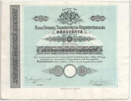 Bihar Diószeg 1905. 'Bihar Diószegi Takarékpénztár Részvénytársaság' részvénye 100K-ról, szelvényekkel T:III