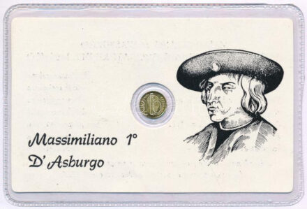 Olaszország DN 'I. Miksa' jelzetlen modern mini Au érem bizonytalan aranytartalommal, lezárt, eredeti műanyag tokban (~0,5g/10mm) T:UNC patina Italy ND 'Maximilian I' modern mini Au coin without hallmark, with uncertain gold content in sealed