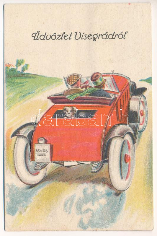 1932 Visegrád, autós kirándulás - leporellolap 10 kis képpel (fl) + 'PARKAN-NANA BUDAPEST 2' vasúti mozgóposta