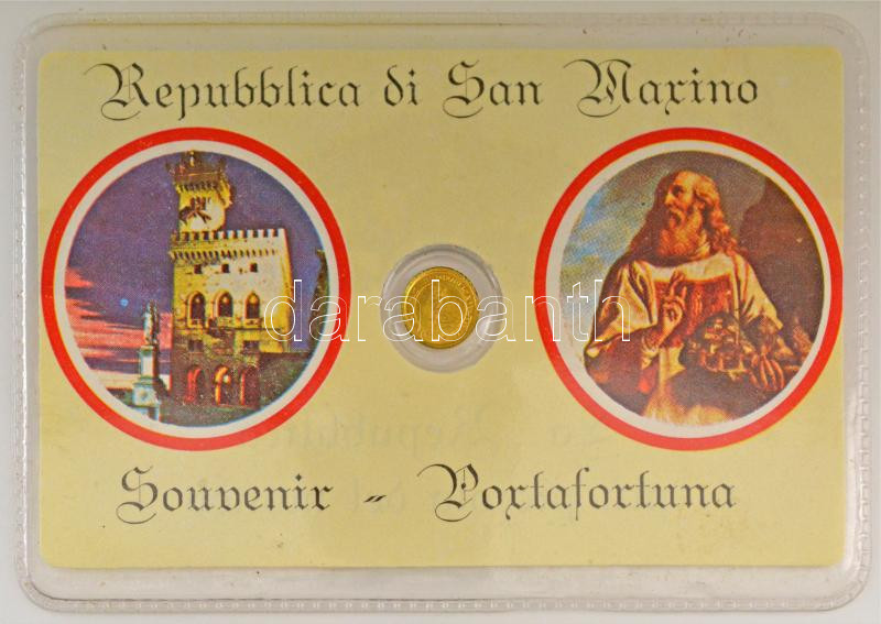 San Marino DN ' A világ legkisebb köztársasága' jelzetlen modern mini Au érem bizonytalan aranytartalommal, lezárt, eredeti műanyag tokban (~0,5g/10mm) T:UNC patina San Marino ND 'The smallest Republic in the World' modern mini Au coin