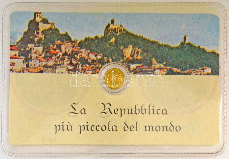 San Marino DN ' A világ legkisebb köztársasága' jelzetlen modern mini Au érem bizonytalan aranytartalommal, lezárt, eredeti műanyag tokban (~0,5g/10mm) T:UNC patina San Marino ND 'The smallest Republic in the World' modern mini Au coin - Image 2