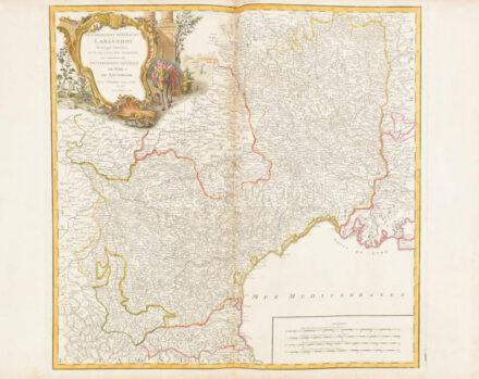 1752 Gouvernement General du Languedoc divise par Dioceses, avec les pays voisins de la Catalogne, qui comprennent les Gouvernemens Generaux de Foix et de Rousillon. Robert de Vaugondy, Gilles, (1688-1766) . Színezett rézmetszetű térkép /