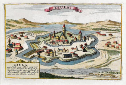 cca 1720 Bodenehr Giula - Gyula látképe. Színezett rézmetszet . Megjelent: Bodenehr, Gabriel: Das durch den Römischen Adler von den Türcken befreyete Ungarn ... /Curioses Staats und Kriegs Theatrum / Augsburg, (1720). / cca 1720 View of