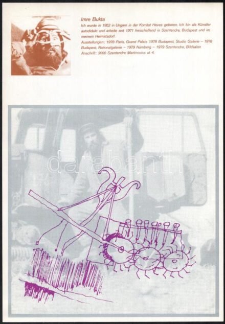 Bukta Imre (1952-): Önarckép (cím nélkül), 1979. Szitanyomat, papír, jelzés nélkül. Lap tetején német nyelvű életrajzzal. 1979 Stadtgalerie, Wels, Ausztriában rendezett kiállításhoz készült mappából (Bukta Imre, Farkas Ádám,