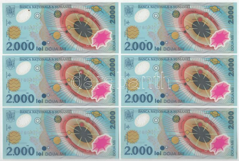 Románia 1999. 2000L 'Napfogyatkozás' (9x) sorszámkövetők két részletben T:UNC,AU az egyiken apró folt Romania 1999. 2000 Lei 'Solar eclipse' (9x) consecutive serials in two parts C:UNC,AU small spot on one Krause P#111