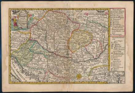 Johann Georg Schreiber (1676-1745): Magyarország térképe. Das Königreich Ungarn. Színezett rézmetszet. Megjelent: Schreiber: Atlas Selectus...Leipzig, 1749. Szélén foltok / Map of Hungary. Colored engraving. Slight stains on the edges