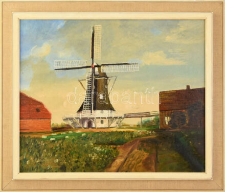 Olvashatatlan (Obren M?) jelzéssel: Szélmalom. Olaj, vászon. Dekoratív keretben. 50x60 cm.