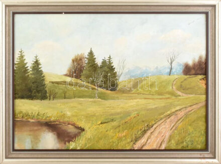 Spelsberg 1954 jelzéssel: Hegyvidéki táj. Olaj, farost. Dekoratív, kissé sérült fakeretben. 47x62 cm.