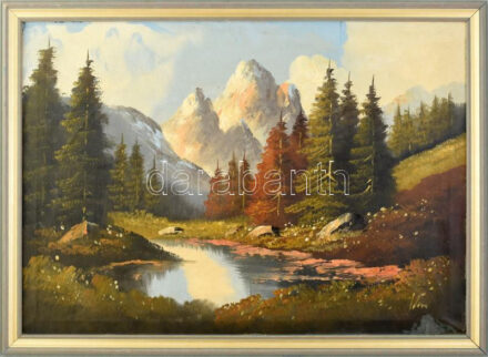 Olvashatatlan jelzéssel: Hegyvidéki táj. Olaj, vászon Dekoratív fakeretben. 50x70 cm.