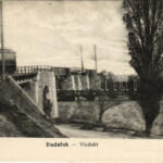 1929 Budapest XXII. Budafok, vasúti viadukt, villamos, elhaladó vonat a híd alatt