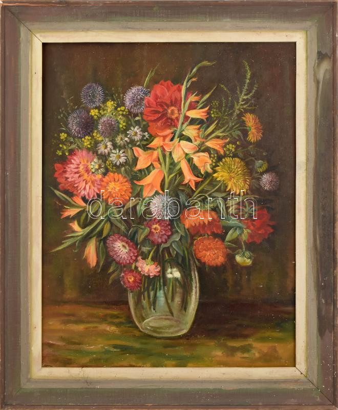 Jelzés nélkül: Virágcsendélet. Olaj, farost. Dekoratív, kissé sérült fakeretben. 55x43 cm.