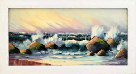 H Lübbert jelzéssel: Hullámverés. Olaj, farost. Fakeretben. 30x60 cm.