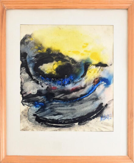 M. Tóth István (1922-2006): Bujkáló hold. Akvarell, papír, jelzett, hátoldalán autográf felirattal, üvegezett fakeretben, 39×36 cm