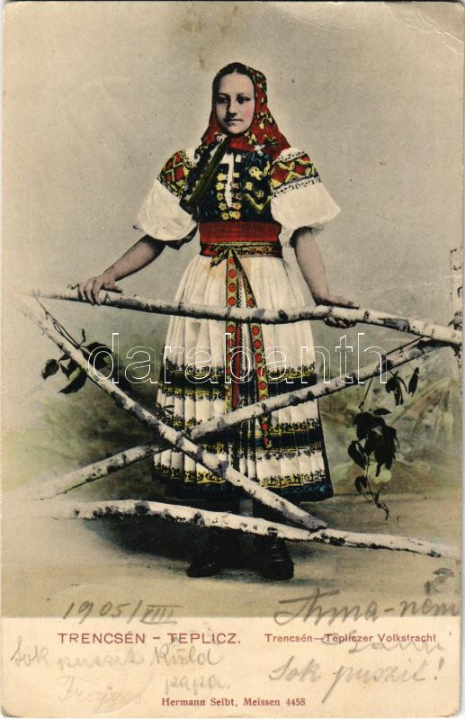 1905 Trencsénteplic, Trencianske Teplice; Tepliczi paraszt leány. Hermann Seibt 4458. / Slovakian folklore, peasant woman (fa)