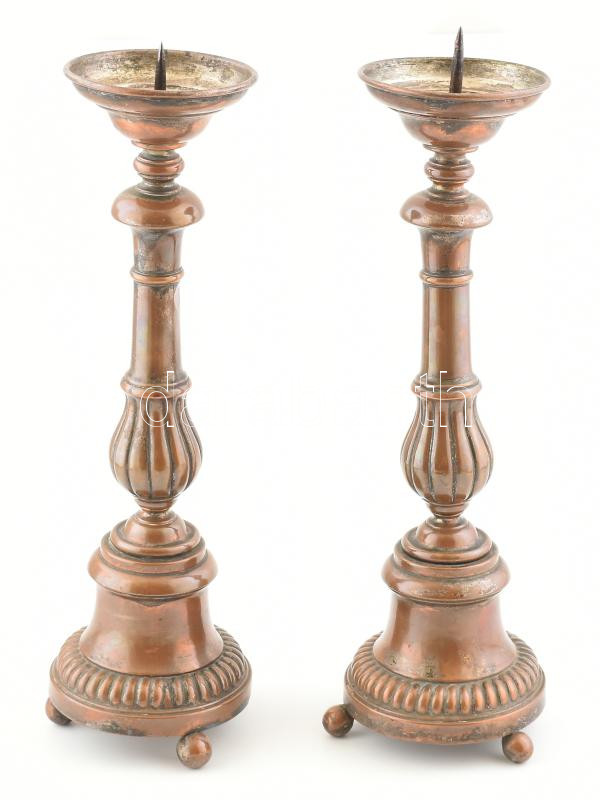cca 1750 vörösréz templomi gyertyatartó pár 40 cm