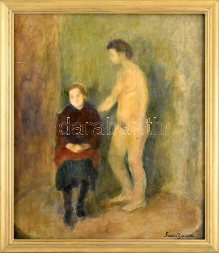 Szenes Zsuzsa, Erdély Miklósné (1931-2001): Aktmodell, 1953. Olaj, falemez, jelzett, fakeretben, 65×55,5 cm / oil on wood, signed, framed