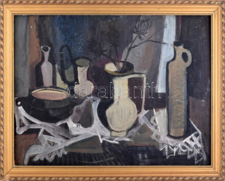 Bécsi János (?-): Csendélet. Olaj, farost, jelezve jobbra lent. Hátoldalán Képcsarnok Vállalat címkéjével. Dekoratív, sérült fakeretben, 50×70 cm