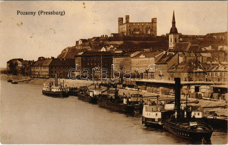1908 Pozsony, Pressburg, Bratislava; vár, gőzhajó, uszályok / castle, steamship, barges (fl)