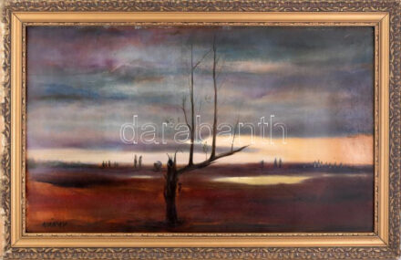 Nánay Szilamér (1952-): Az élet meg nem áll, 1986. Olaj, farost, jelzett, hátoldalán Zichy Galéria címkéjével és a művész saját címkéjén autográf felirattal. Díszes, sérült fa keretben, 45×75 cm