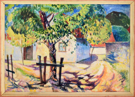 Novotny Emil Róbert (1898-1975): Napos kert, 1958. Olaj, farost, jelezve balra lent, hátoldalán autográf felirattal. Fakeretben. 60x85 cm / Oil on wood fibre, signed lower left. With autograph description on the reverse. Framed. 60x85 cm