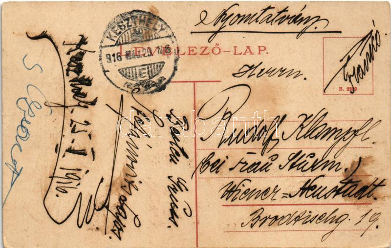 1916 Keszthely, 'BAROSS' gőzös (kopott sarkak / worn corners) - Image 2