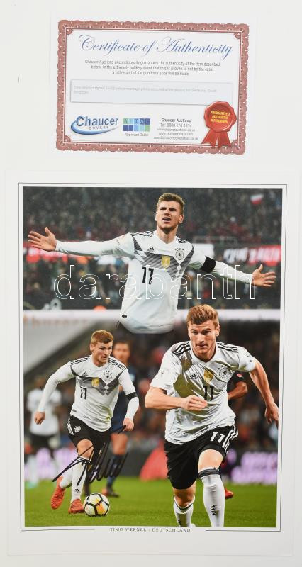 Timo Werner német válogatott labdarúgó, az RB Leipzig játékosának autográf aláírása fotónyomaton, tanúsítvánnyal, 40x30 cm / Autograph signed photo of Timo Werner German footballer, RB Leipzig player, with certificate, 40x30 cm