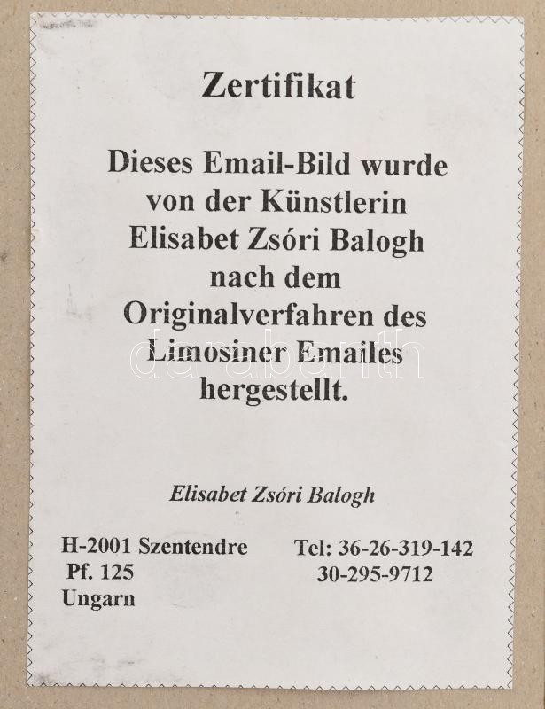 Kővágóné Zsóri Balogh Erzsébet (1955-): Virágok. Tűzzománc, rézlemez, jelzett, bal alsó sarkában kissé deformált, hátoldalán német nyelvű tanúsítvánnyal, fakeretben, keretből kimozdult, 19×8,5 cm - Image 3