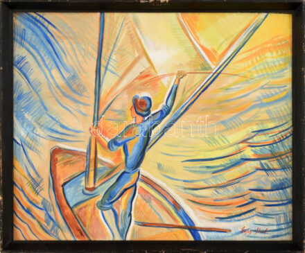 Egry József jelzéssel: Vitorlás. Tempera, farost, fakeretben, keretből kimozdult, 35×43 cm