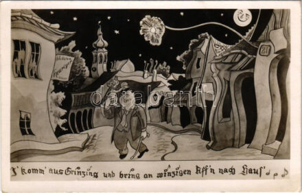 I komm aus Grinzing und bring an winzigen Aff'n nach Haus'... / Austrian drunk humour art postcard, drunk with monkey at night (EK)