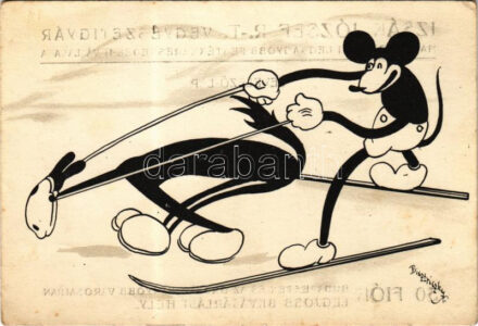 Síelő Mickey egér, téli sport. Klösz korai Disney képeslap. Hátoldalon Izsák József rt. vegyészetigyár reklám / Mickey Mouse skiing, winter sport. Early Hungarian Disney postcard s: Bisztriczky (EK)