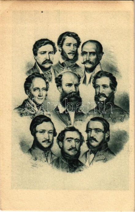 Az első magyar minisztérium. Magyarország első felelős kormánya (Batthyány-kormány): Báró Eötvös József, Szemere Bertalan, Hg. Esterházy Pál, Kossuth Lajos, Deák Ferenc, Gr. Széchenyi István, Gr. Batthyány Lajos, Klauzál Gábor,