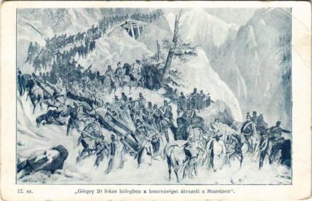Görgey 20 fokos hidegben a honvédséget átvezeti a Sturetzen. Divald 12. sz. / Hungarian Revolution of 1848, military art postcard (EB)